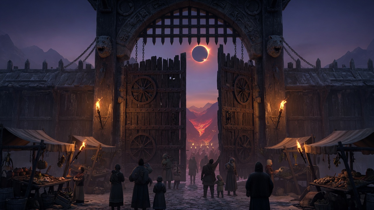 Town gate opening toward a valley at the start of an eclipse